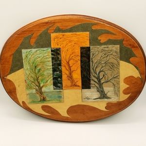 Hand Crafted Drawn Folk Art Wood Wall Hanging Picture Layered 3 Seasons of Trees